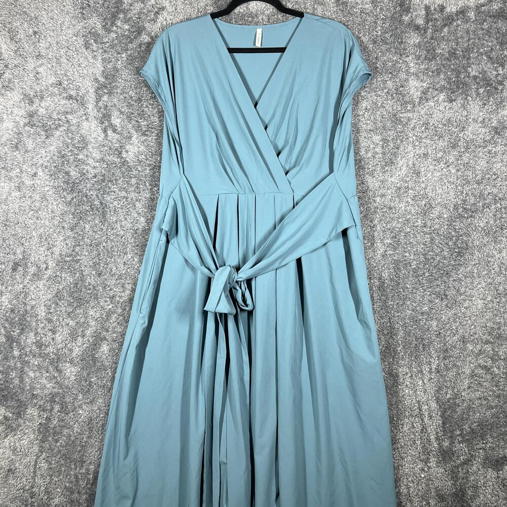 Halara Dress Womens 1X Blue Wrap Maxi Belted Pleated V-Neck Jersey Cap Sleeve
